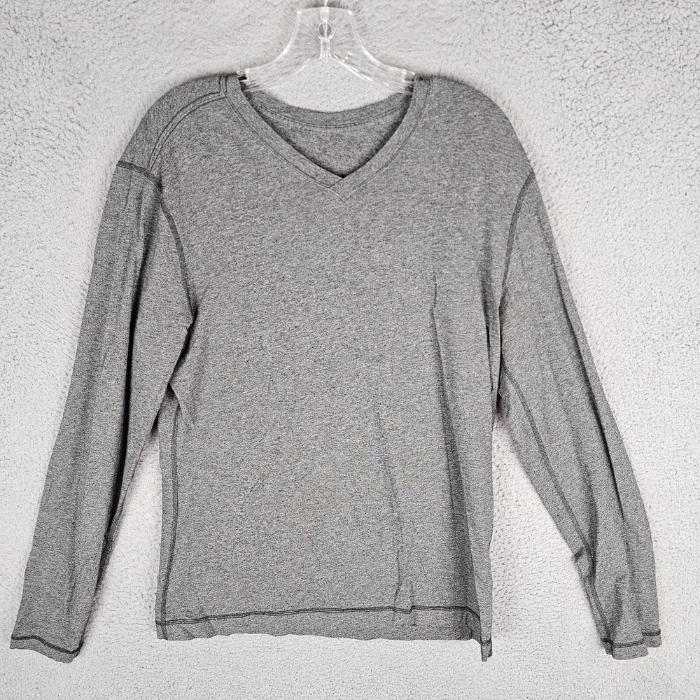 Lululemon T-Shirt Mens Small Gray Striped V Neck Stretch Lightweight Long Sleeve